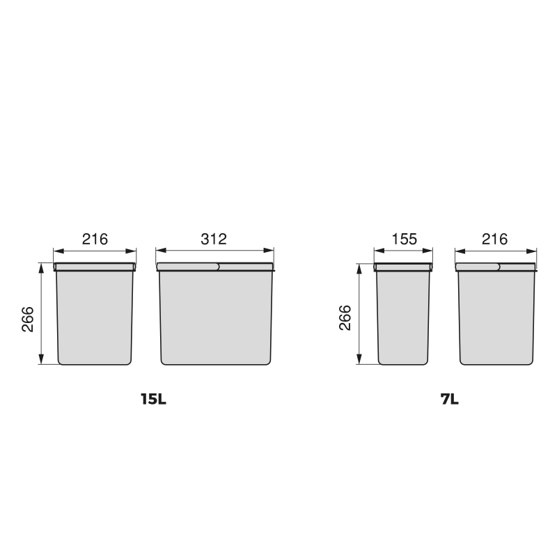 Contenitori per cassetti da cucina Recycle, Altezza 266, 2x15 + 2x7, Plastica grigio antracite, Tecnoplastica.