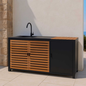 Mobile Cucina Alluminio Idaho Con Teak E Pietra Sinterizzata Antracite Cm 180x65h90