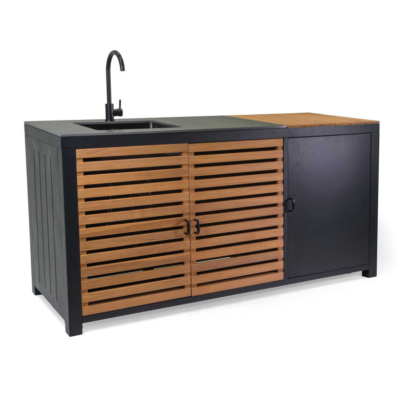 Mobile Cucina Alluminio Idaho Con Teak E Pietra Sinterizzata Antracite Cm 180x65h90