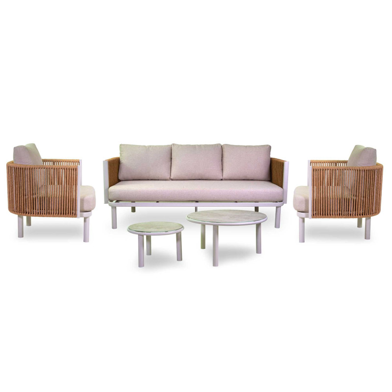 Salotto Alluminio 3 Posti Barreiro Bianco Con Cuscini Crema E Intreccio Polyrattan