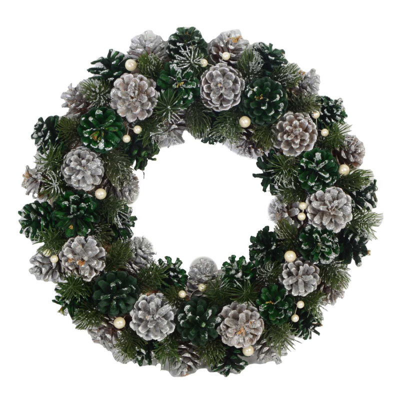 Coroncina con pigne argento verde cm ø30