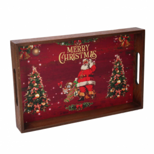 Zoom Vassoio legno 1-3 rosso verde scritta Merry Christmas rettangolare cm45x30h4,5