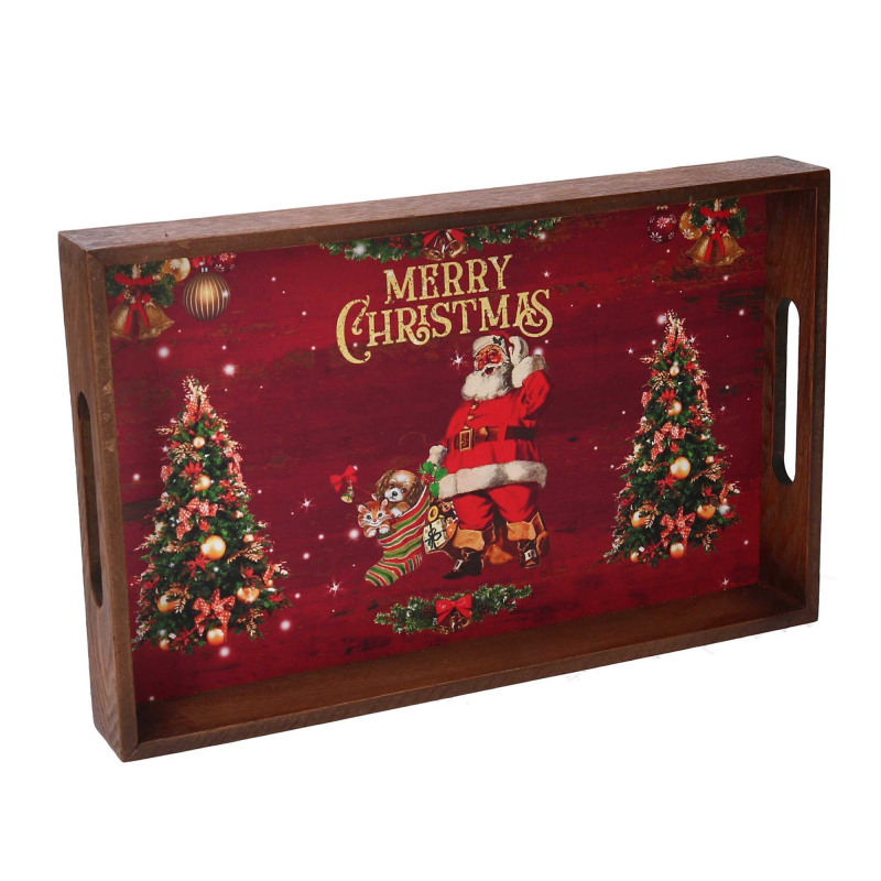 Vassoio legno 1-3 rosso verde scritta Merry Christmas rettangolare cm45x30h4,5