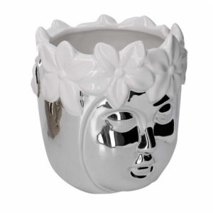 Portavaso ceramica viso argento con fiori bianco tondo cm ø17,2h19,7