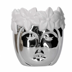 Portavaso ceramica viso argento con fiori bianco tondo cm ø17,2h19,7