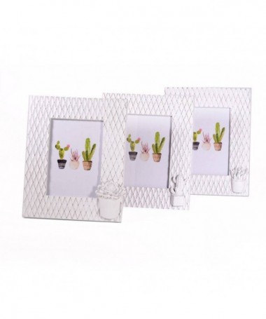 Portafoto verticale da tavolo in legno bianco con cactus- set da 3