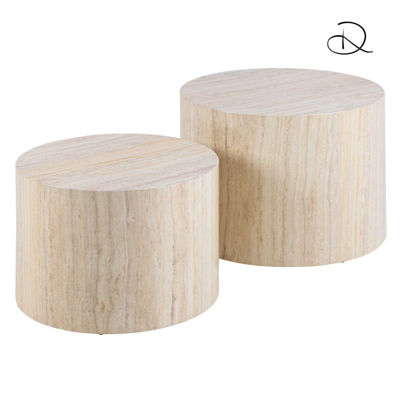 Tavolino Legno Motrik 1-2 Effetto Travertino Beige Tondo Cm ø58h40