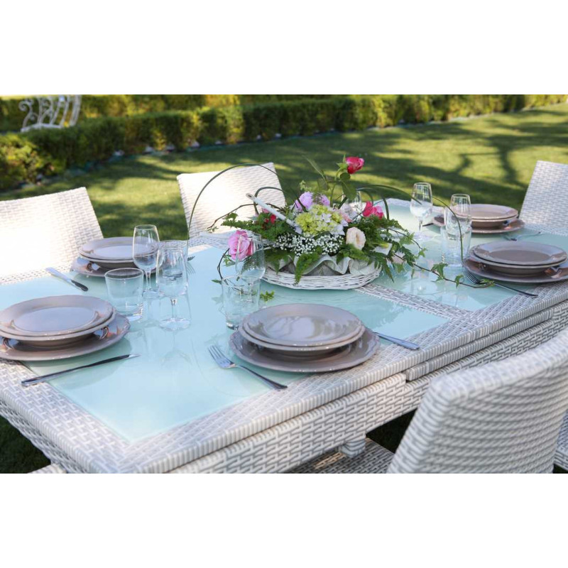 Set Tavolo polyrattan + 6 Sedie polyrattan adila bianco ghiaccio quadro cm 47x61h44/46/88