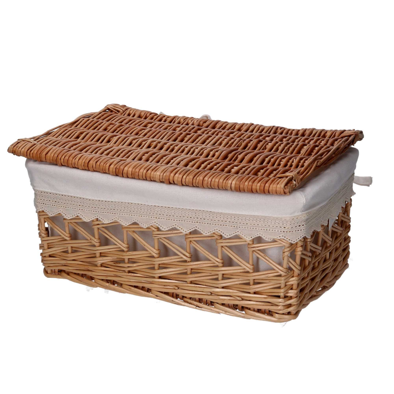 Scatola vimini fodera pizzo con coperchio 1-3 rettangolare cm42x31h19