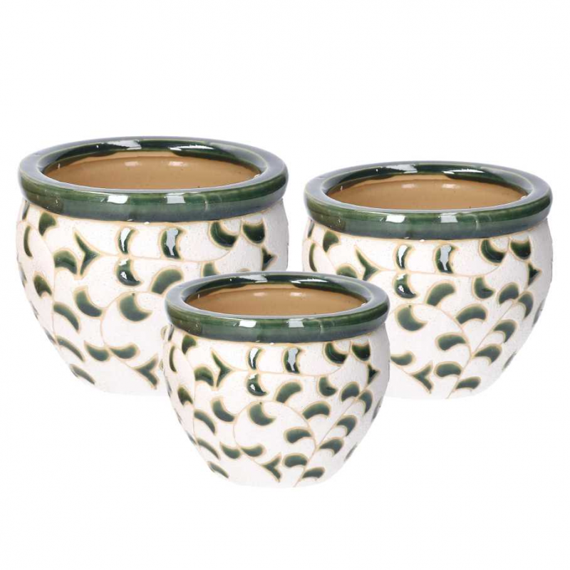 Coprivaso ceramica 1-3 bianco verde c/foglie cmø30h21