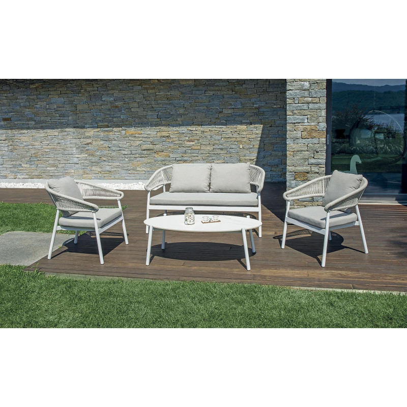 Salotto Cap Ferrat alluminio bianco schienale corda beige Moia