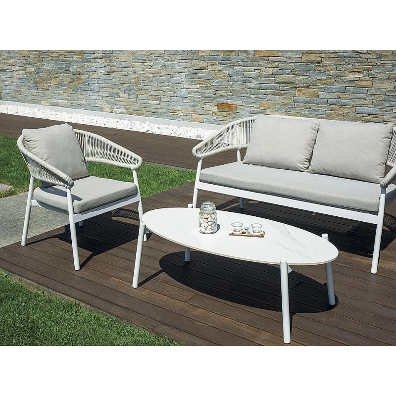 Salotto Cap Ferrat alluminio bianco schienale corda beige Moia