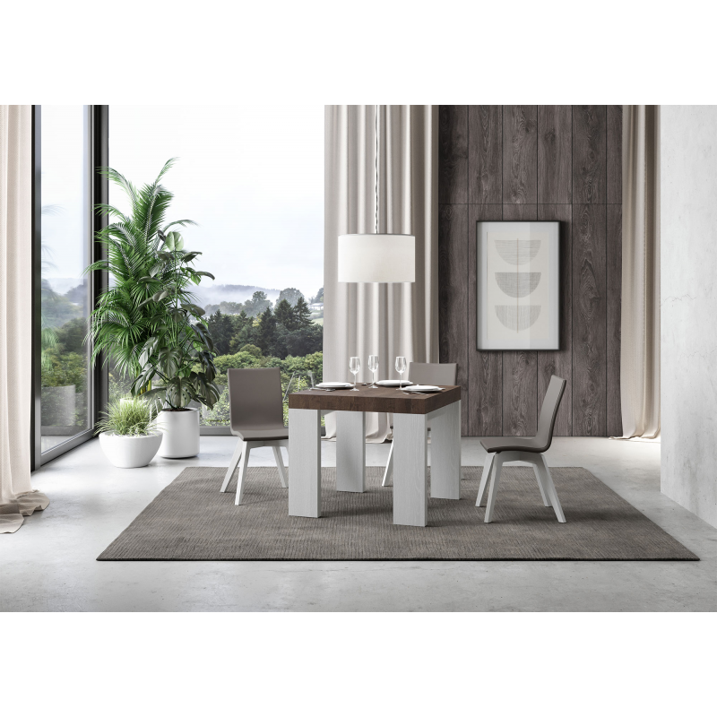 Tavolo allungabile 90x90/246 cm Roxell Mix piano Bianco Frassino - gambe Noce