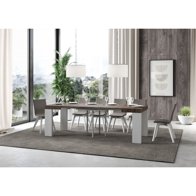 Tavolo allungabile 90x90/246 cm Roxell Mix piano Bianco Frassino - gambe Noce