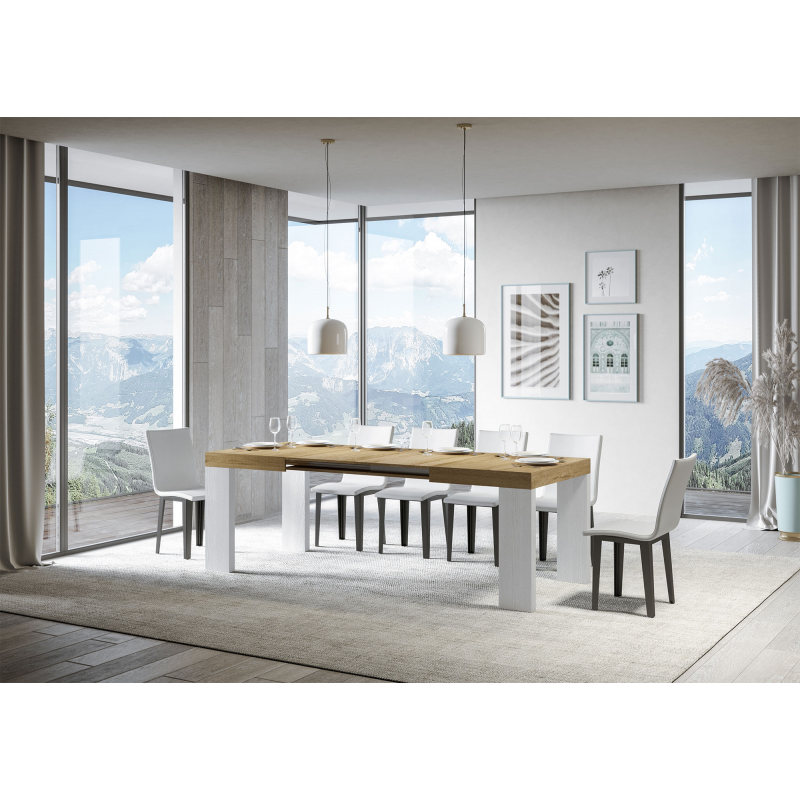Tavolo allungabile 90x130/390 cm Roxell Mix piano Bianco Frassino - gambe Noce