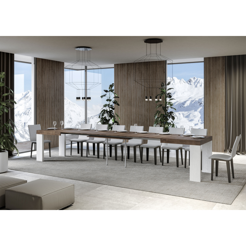 Tavolo allungabile 90x160/420 cm Roxell Mix piano Bianco Frassino - gambe Noce