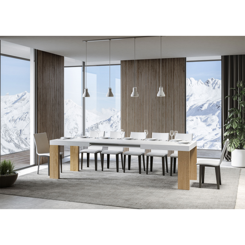 Tavolo allungabile 90x180/440 cm Roxell Mix piano Bianco Frassino - gambe Noce