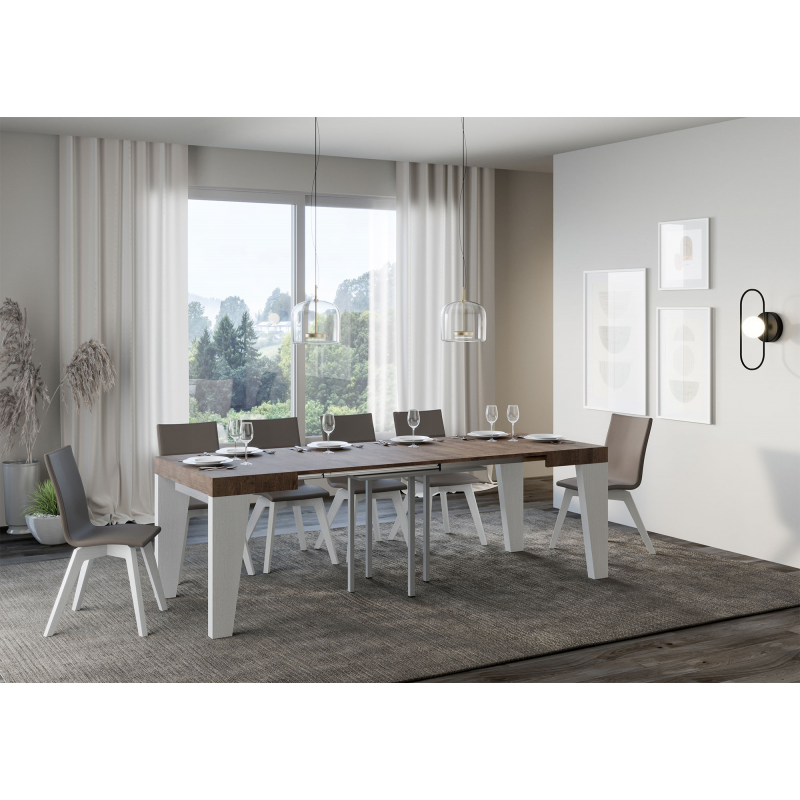 Tavolo allungabile 90x90/246 cm Naxy Mix piano Bianco Frassino - gambe Noce