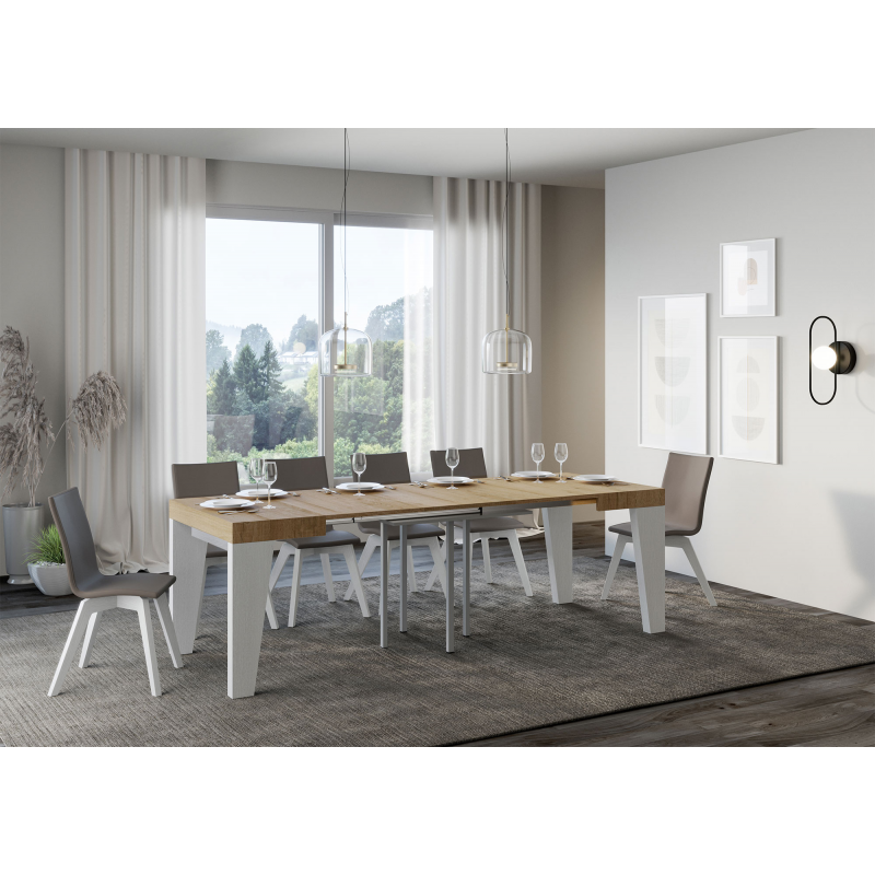 Tavolo allungabile 90x90/246 cm Naxy Mix piano Bianco Frassino - gambe Noce