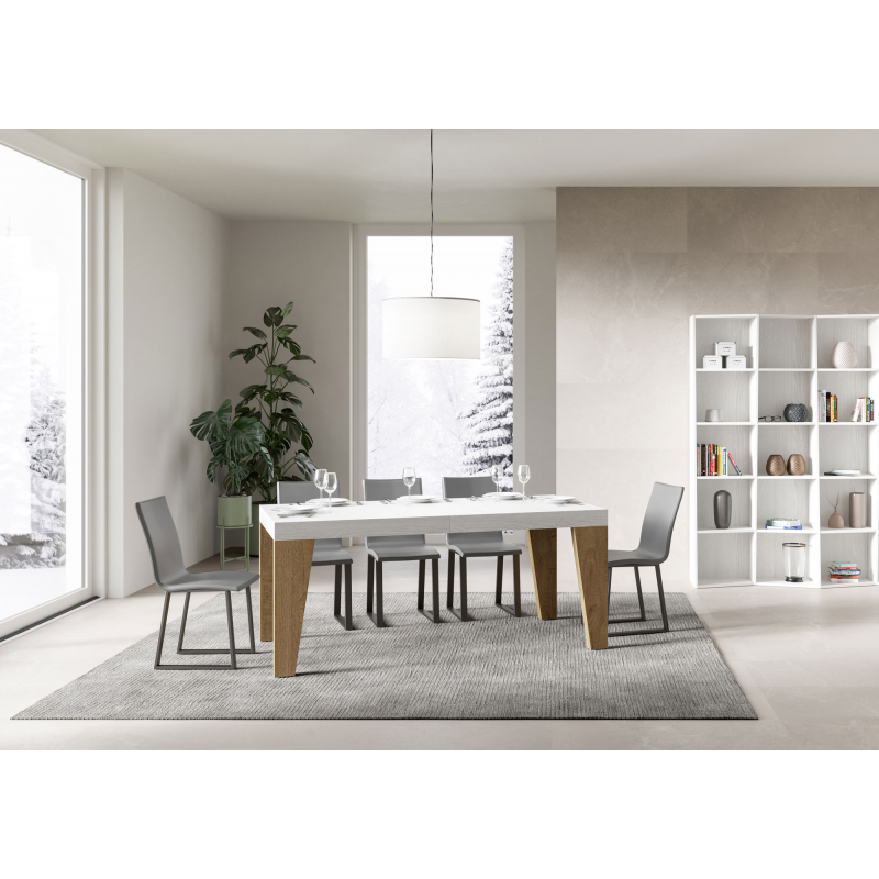 Tavolo allungabile 90x160/264 cm Naxy Mix piano Bianco Frassino - gambe Noce