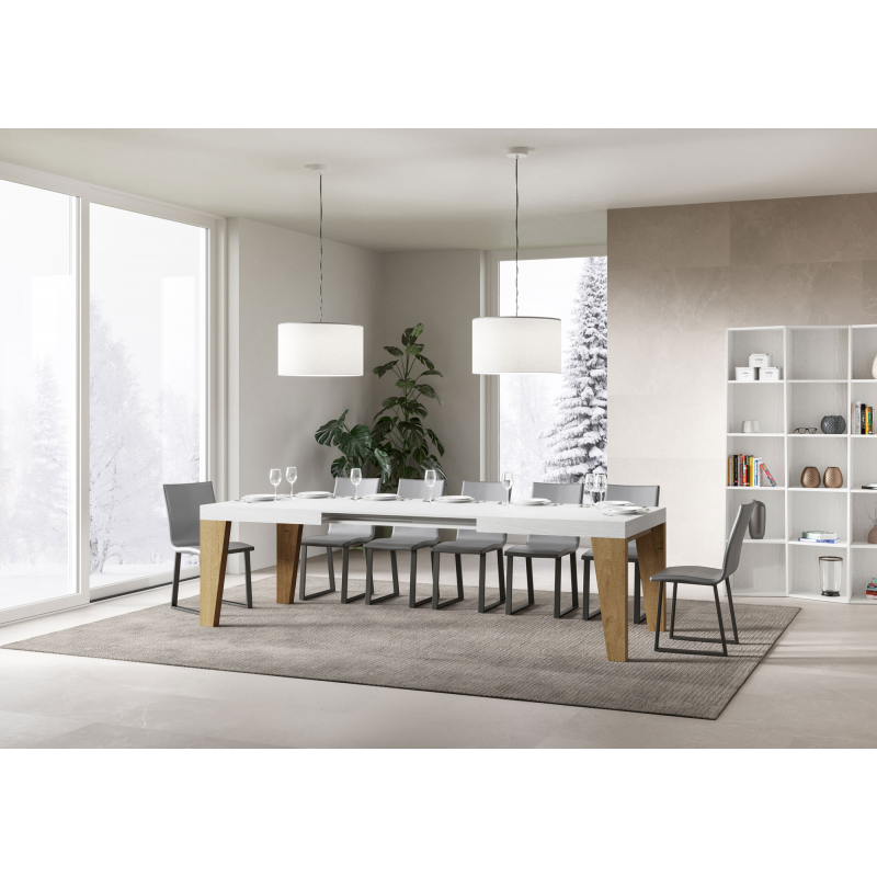 Tavolo allungabile 90x160/264 cm Naxy Mix piano Bianco Frassino - gambe Noce