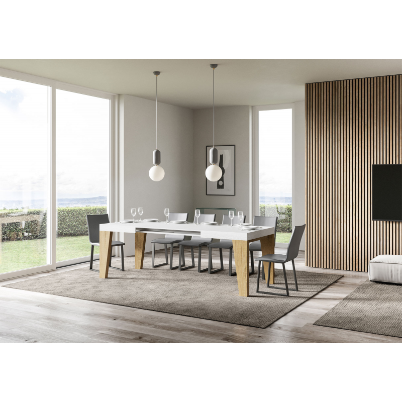 Tavolo allungabile 90x130/390 cm Naxy Mix piano Bianco Frassino - gambe Noce