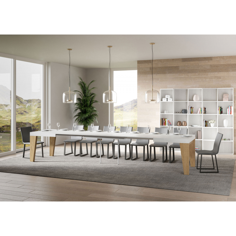 Tavolo allungabile 90x130/390 cm Naxy Mix piano Bianco Frassino - gambe Noce