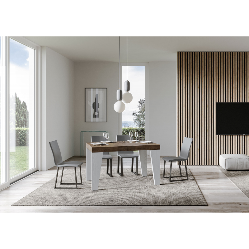 Tavolo allungabile 90x130/390 cm Naxy Mix piano Bianco Frassino - gambe Noce