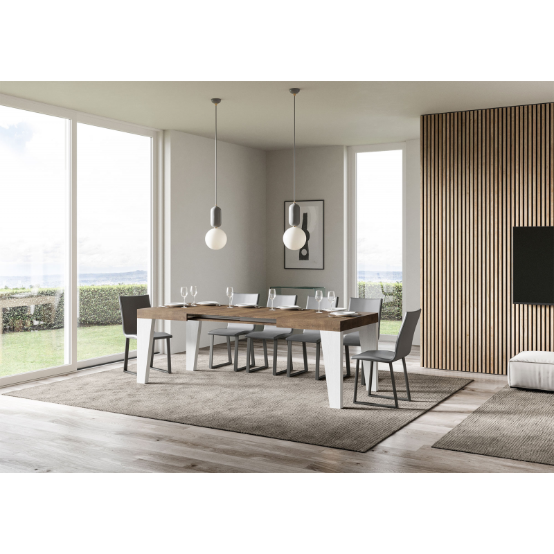 Tavolo allungabile 90x130/390 cm Naxy Mix piano Bianco Frassino - gambe Noce
