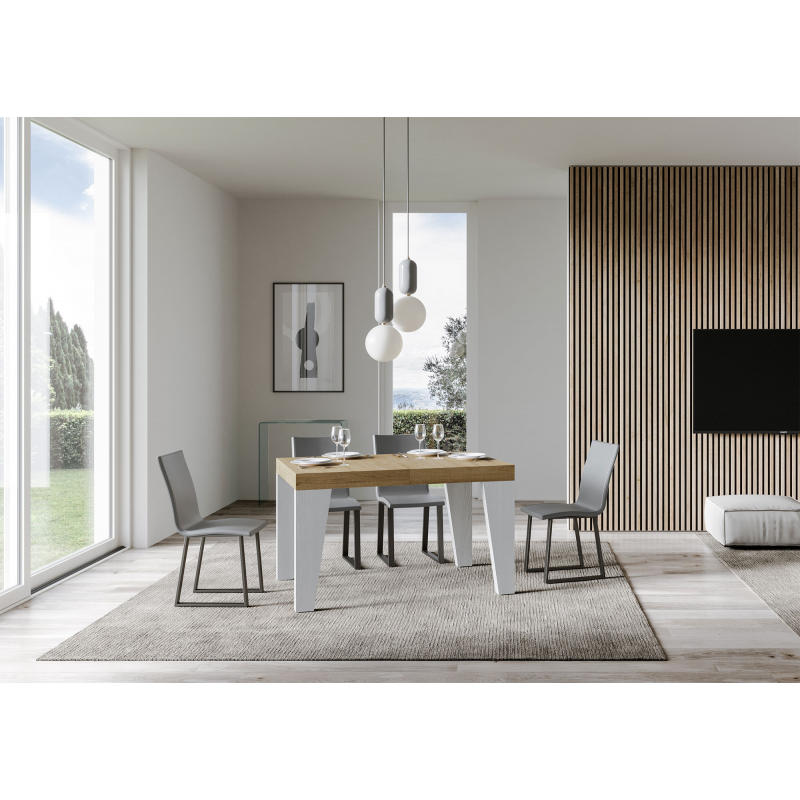 Tavolo allungabile 90x130/390 cm Naxy Mix piano Bianco Frassino - gambe Noce
