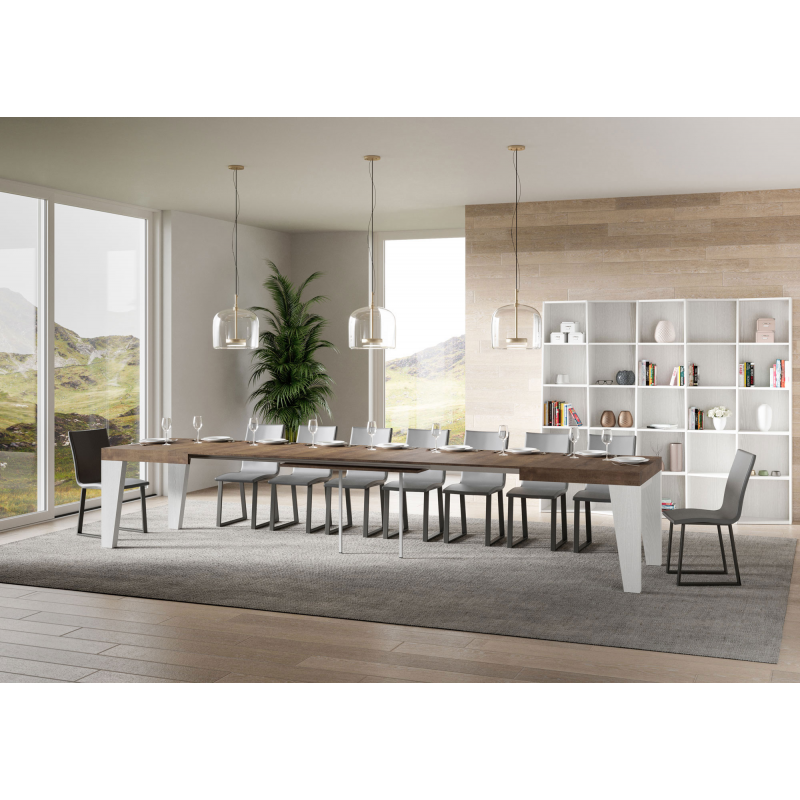Tavolo allungabile 90x160/420 cm Naxy Mix piano Bianco Frassino - gambe Noce