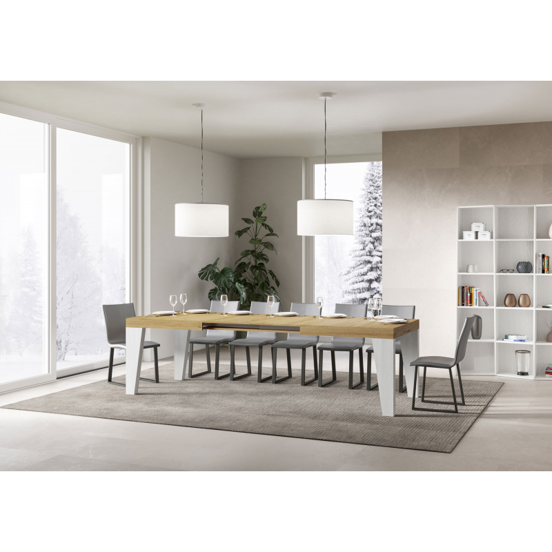 Tavolo allungabile 90x160/420 cm Naxy Mix piano Bianco Frassino - gambe Noce