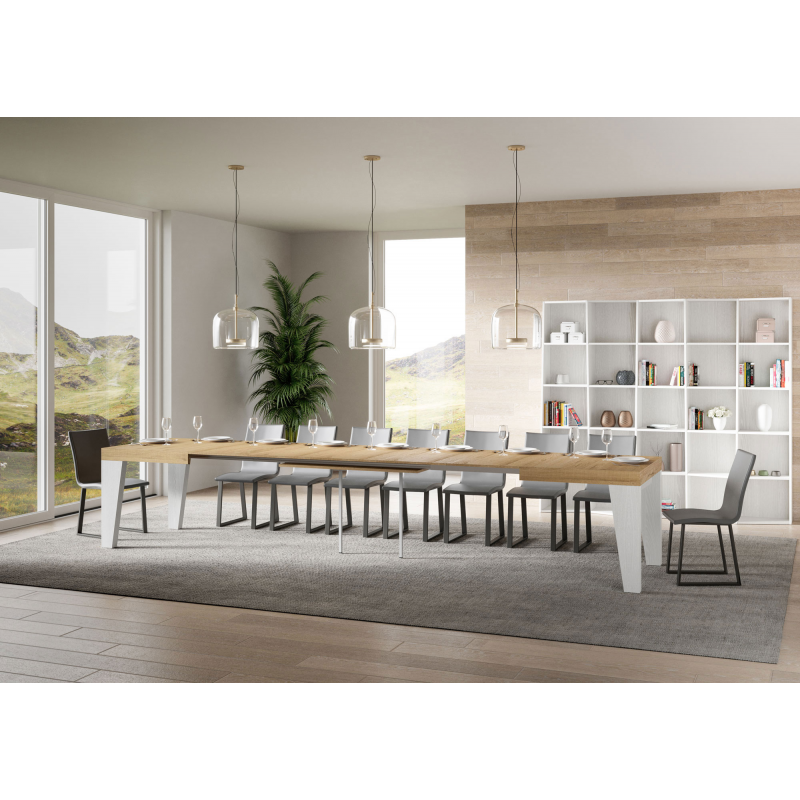 Tavolo allungabile 90x160/420 cm Naxy Mix piano Bianco Frassino - gambe Noce