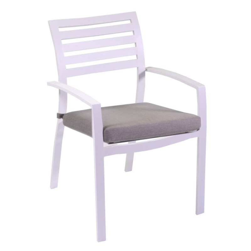 Set Tavolo alluminio + 6 Poltrone alluminio boston bianco crema con cuscino grigio cm 58x57h88