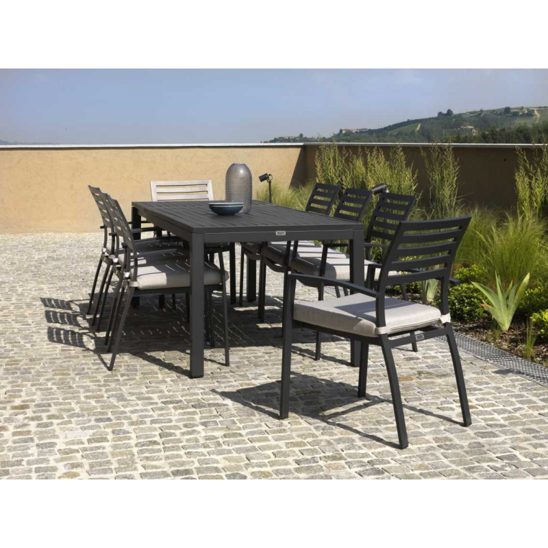 Set Tavolo alluminio + 6 Poltrone alluminio boston bianco crema con cuscino grigio cm 58x57h88