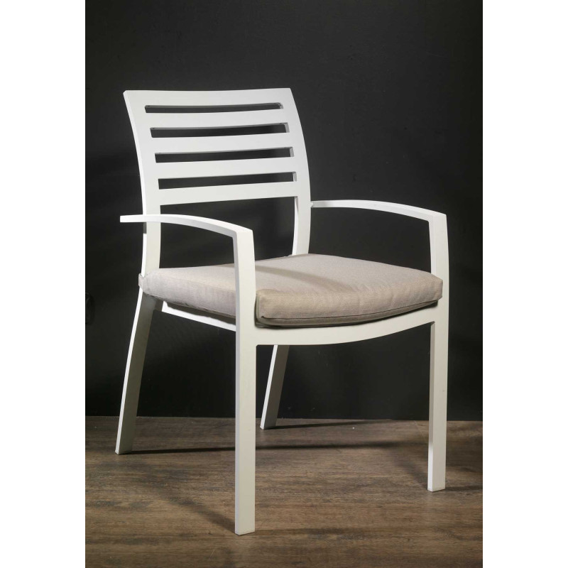 Set Tavolo alluminio + 6 Poltrone alluminio new Boston bianco con cuscini grigio cm 58x57h88