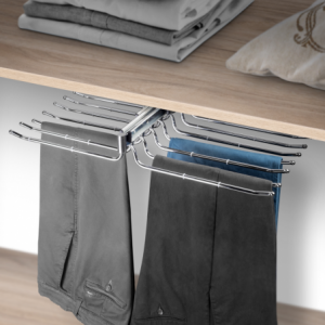 Zoom Porta pantaloni doppio estraibile per armadio., Cromato brillo, Acciaio e Tecnoplastica.