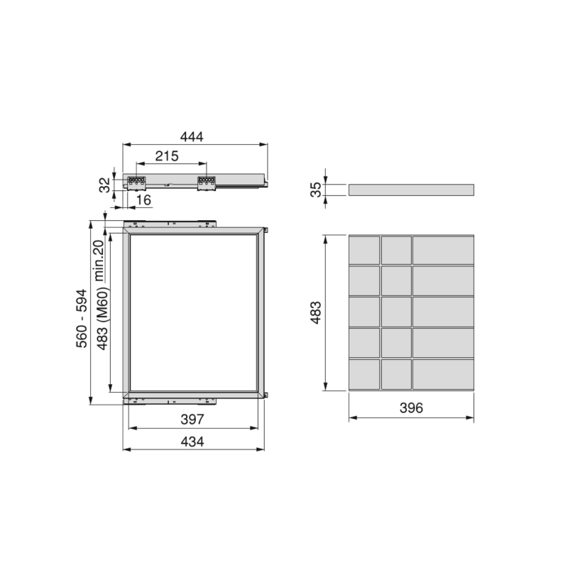 Kit cassetto organizzatore con telaio di guide a chiusura morbida per armadio, regolabile, modulo 600mm, Grigio pietra