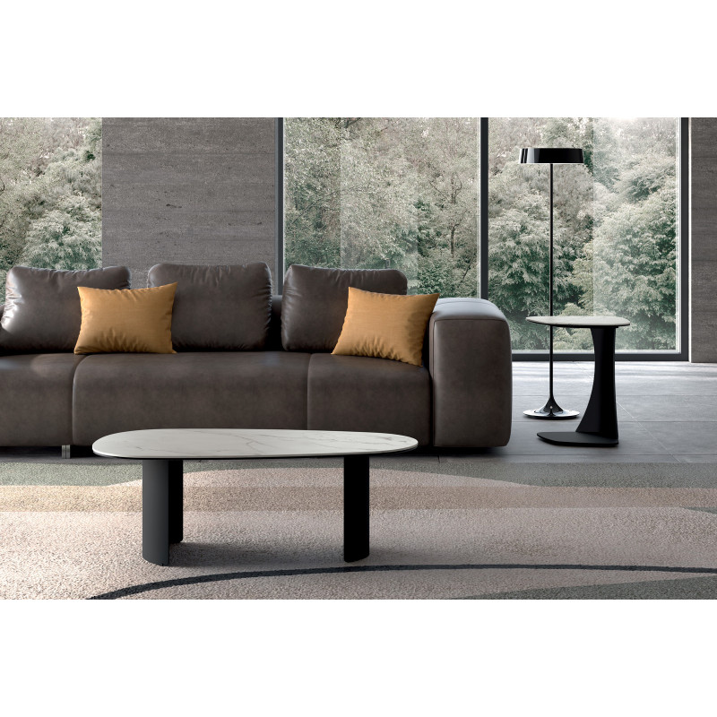Tavolino con top in ceramica su vetro e struttura in metallo Antracite Dolmen 55cm X 100cm H 35cm Stones