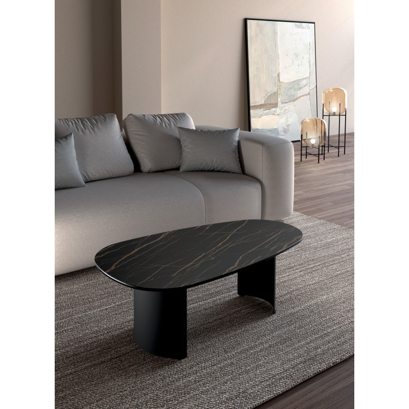 Tavolino con top in ceramica su vetro e struttura in metallo Nero Dolmen 55cm X 100cm H 35cm Stones