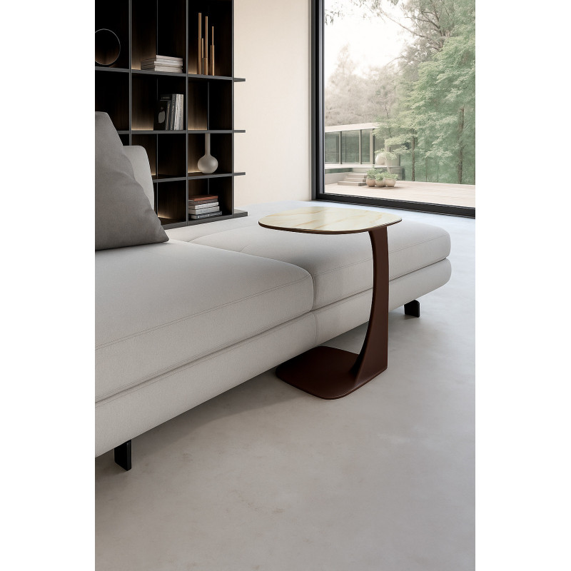 Tavolino con top in ceramica su vetro e struttura in metallo Bronzo Menhir 45cm X 45cm H 53cm Stones