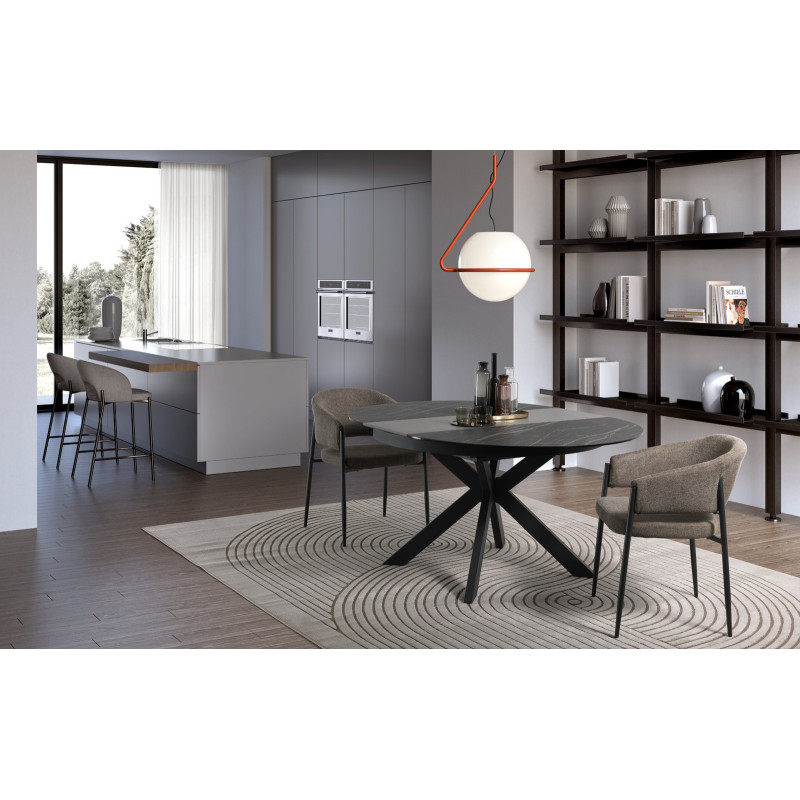 Tavolo con top in ceramica su vetro e struttura in metallo Antracite opaco Moon 120cm X 120-160cm H 76cm Stones
