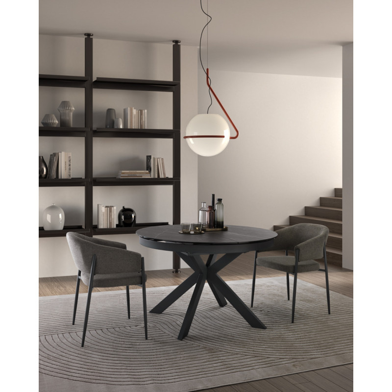 Tavolo con top in ceramica su vetro e struttura in metallo Antracite opaco Moon 120cm X 120-160cm H 76cm Stones