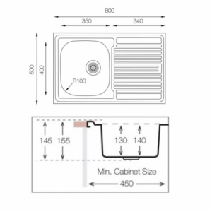 Zoom Lavello appoggio 80x50 SA216 1 vasca e gocciolatoio destro