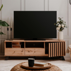 Zoom Porta TV Medan56A 2 cassetti e anta con vani a giorno rovere antracite