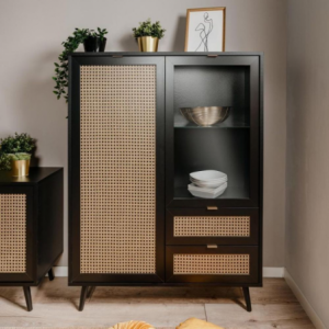 Zoom Vetrina Vienna53A 2 ante e 2 cassetti nera con frontali effetto vimini