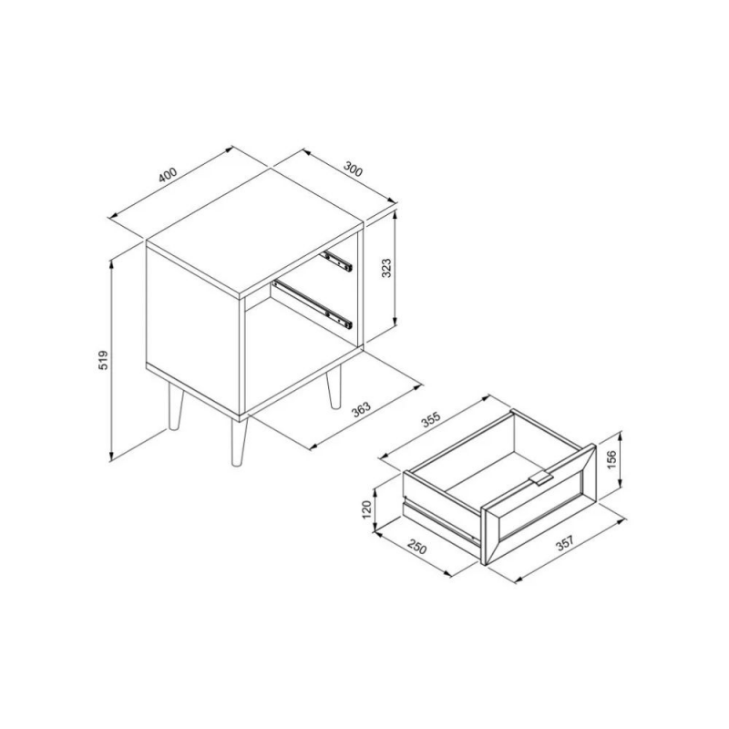 Comodino Vienna61A 2 cassetti nero con frontali effetto vimini