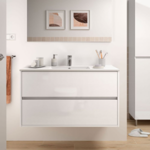 Mobile bagno sospeso Claros100 bianco laccato lucido con lavabo 2 cassetti 100x45x56h