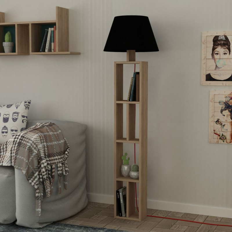 Lampada da terra Giorno con libreria rovere e parlume nero