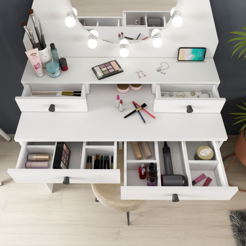 Toeletta con specchio a luci a led con doppio ripiano e 4 cassetti bianco